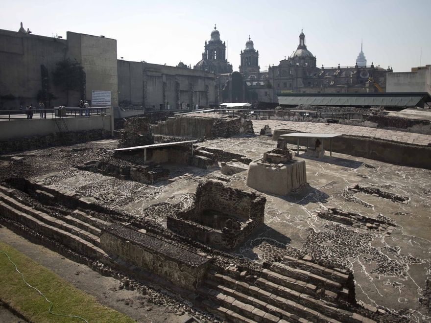 Ruins of old Tenochtitlan and Templo Mayor in Mexico City built 1325 A.D.