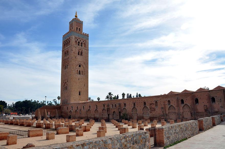 Kutubiyya Mosque at Marrakesh built by Abd al-Mu'min in 1158 A.D. construction of the minaret around 1195 A.D..