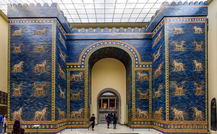 Reconstruction of the Ishtar Gate from Babylon, c. 605-539 B.C. faced with glazed bricks now in the  Pergamon Museum (Berlin, Germany)