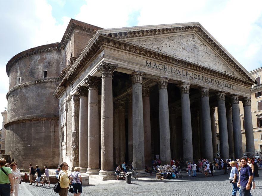 The Pantheon in Rome, built by the Emperor Hadrian on the site of an earlier building commissioned by Marcus Agrippa, dedicated c. 126 AD.